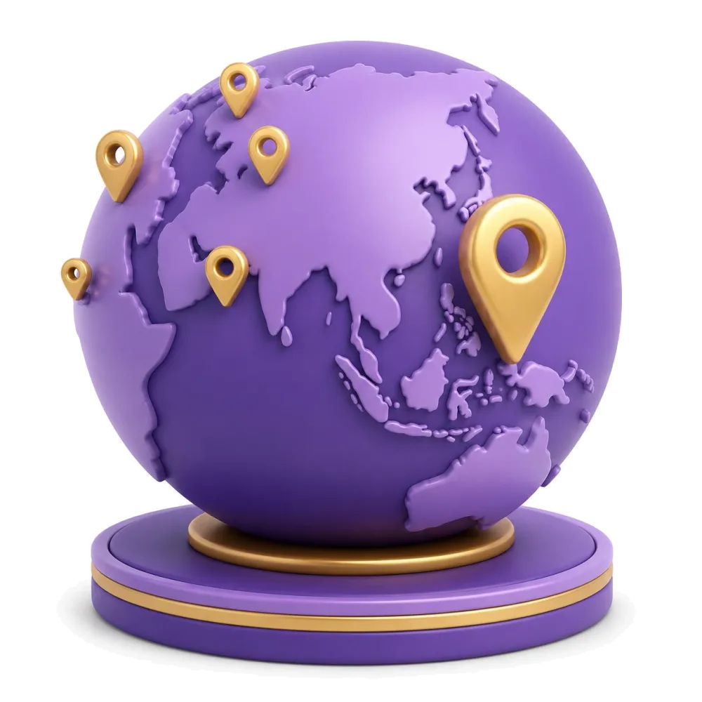 Globo morado con marcadores en Filipinas, California, Hawái, Canadá, el Golfo e Italia