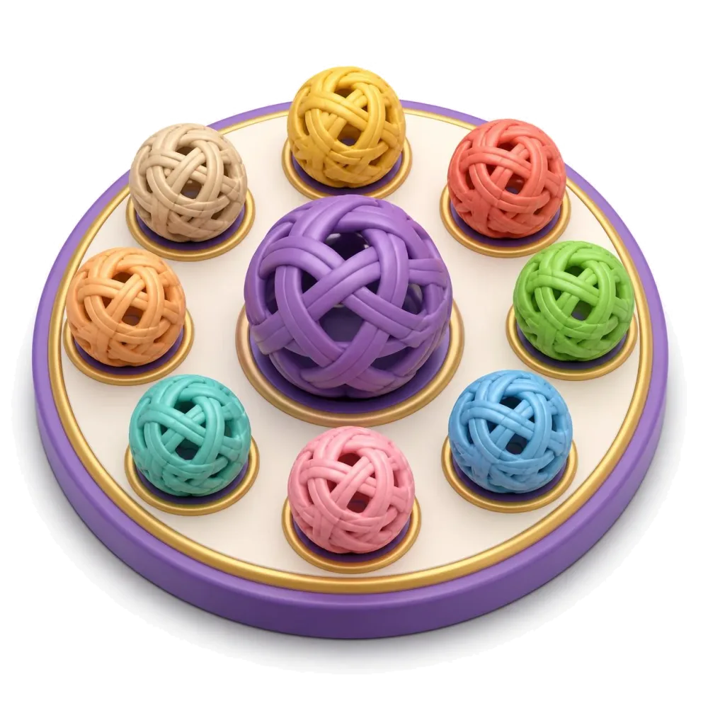 Pelotas de ratán tejido de colores alrededor de una morada, los pares con el tagalo
