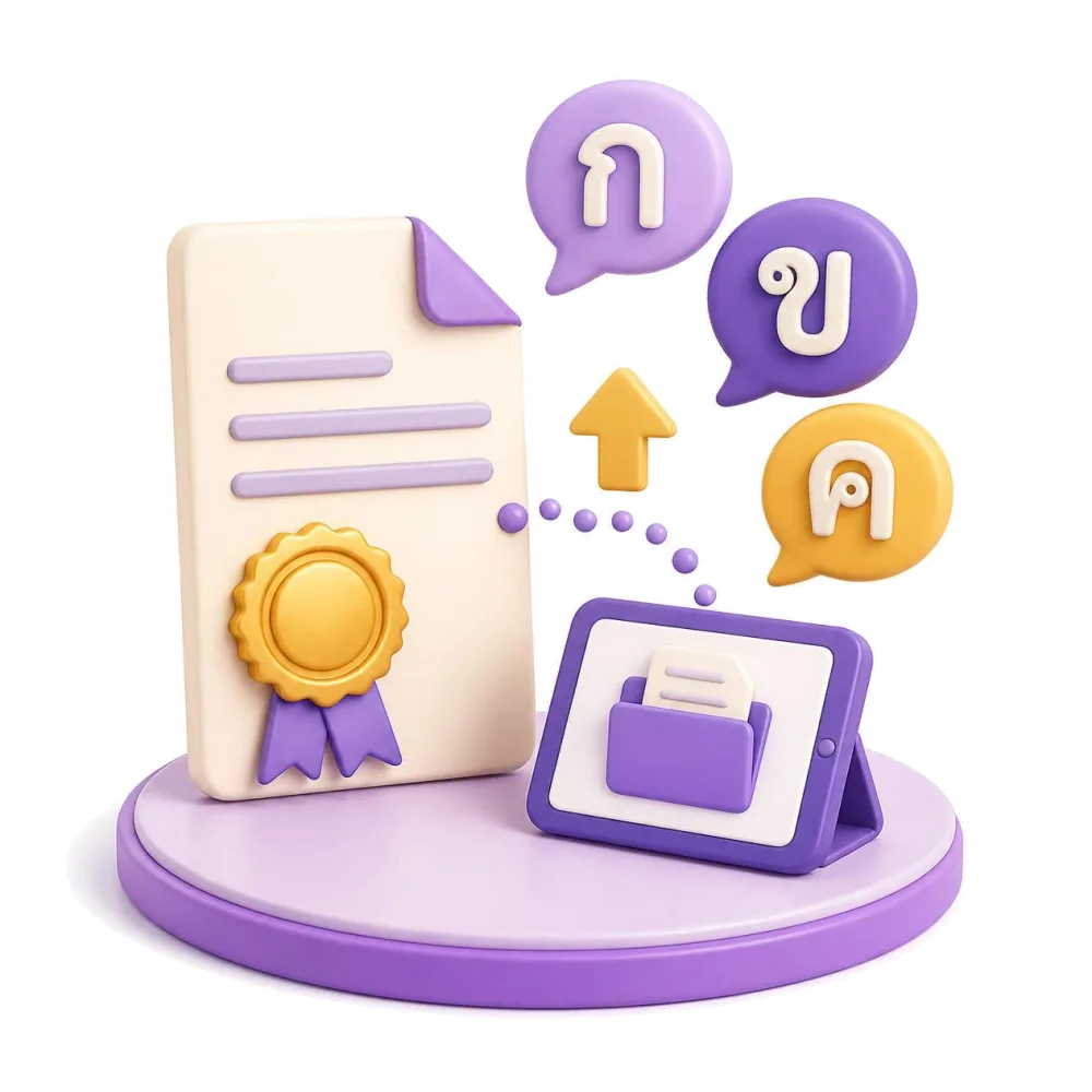 Documento tailandês certificado com selo dourado, tablet enviando o arquivo, letras ก ข ค