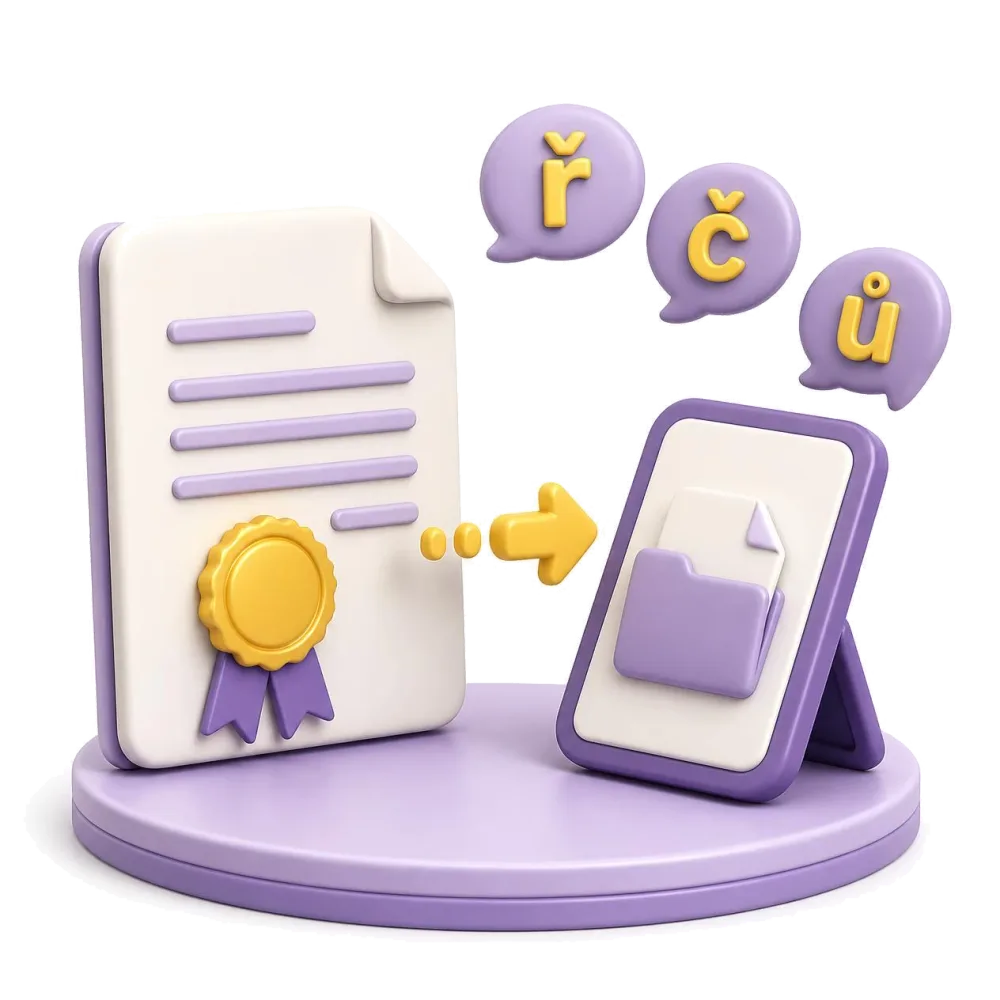 Documento checo certificado con sello dorado, tableta enviando el archivo, letras ř č ů