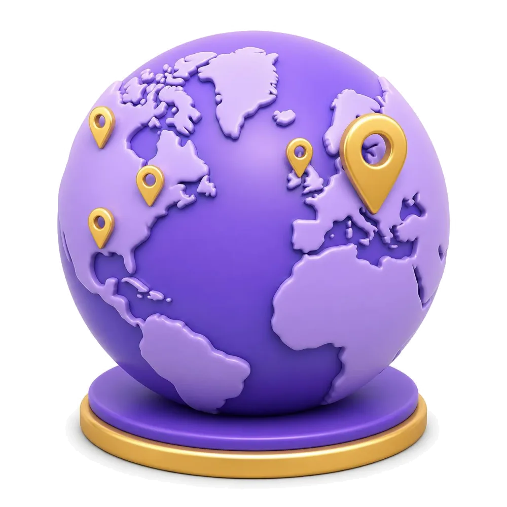 Globo morado con marcadores en la República Checa, Texas, Chicago, Canadá y el Reino Unido
