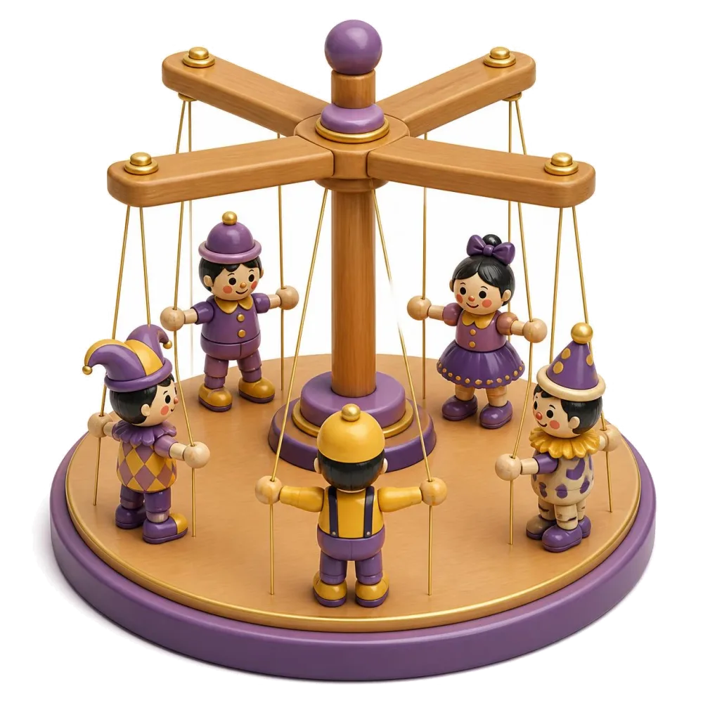 Marionetas de madera unidas por hilos dorados a un mando, los pares con el checo
