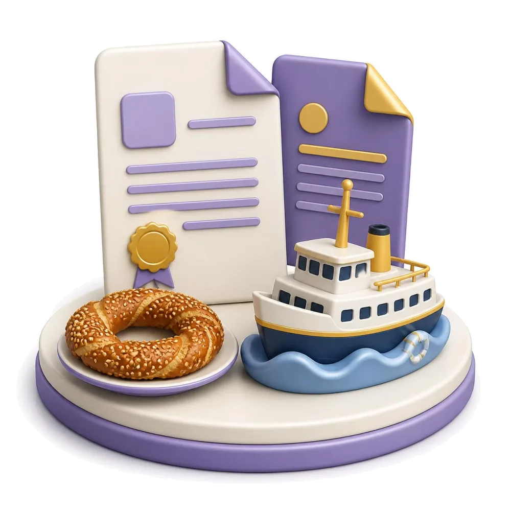 Dos documentos lado a lado, un simit con sésamo y un pequeño ferry