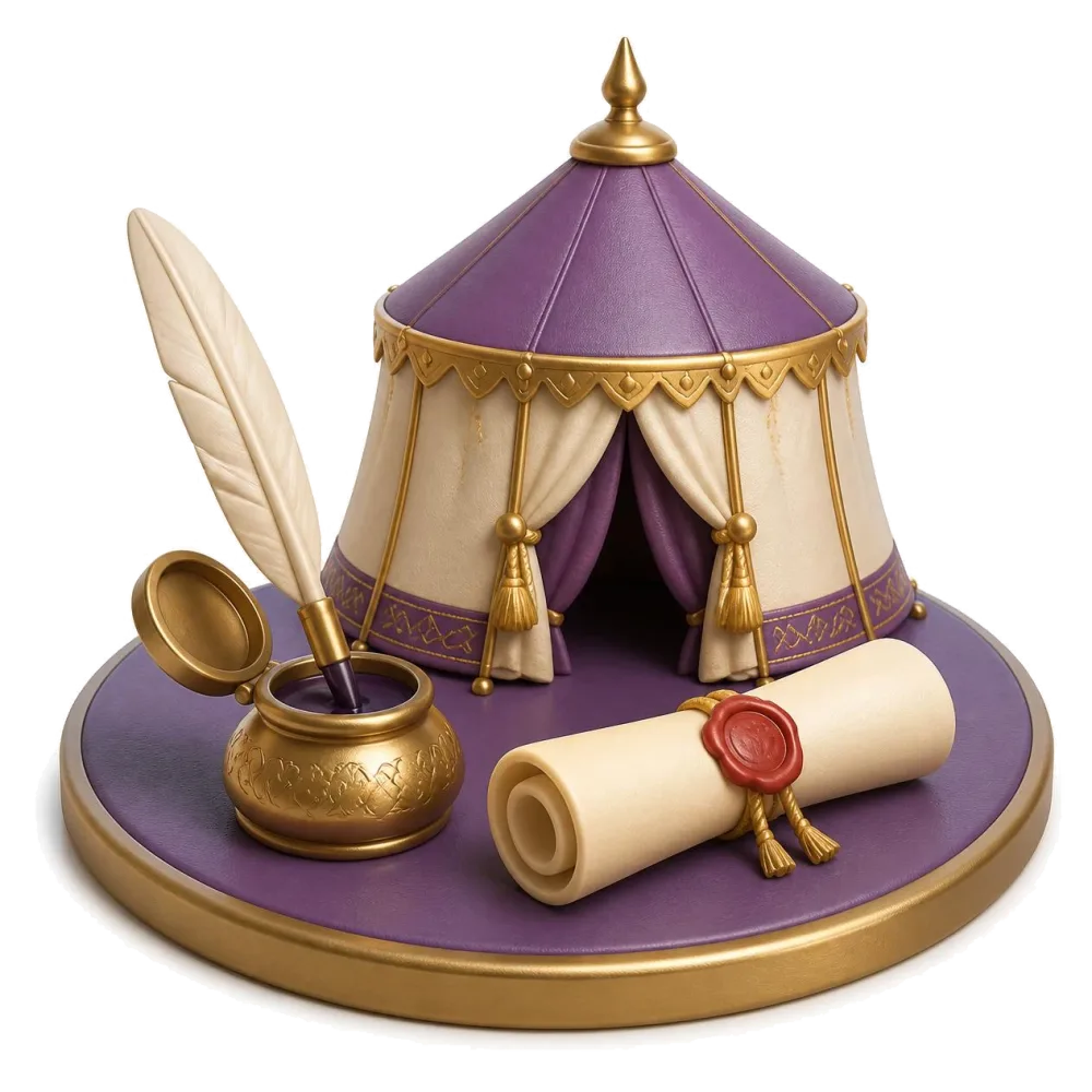 Reed pen in a brass inkwell, a sealed scroll and an embroidered army camp tent