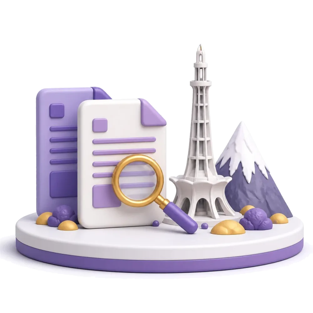 Two documents with a magnifying glass, the Minar-e-Pakistan tower and a snowy mountain peak