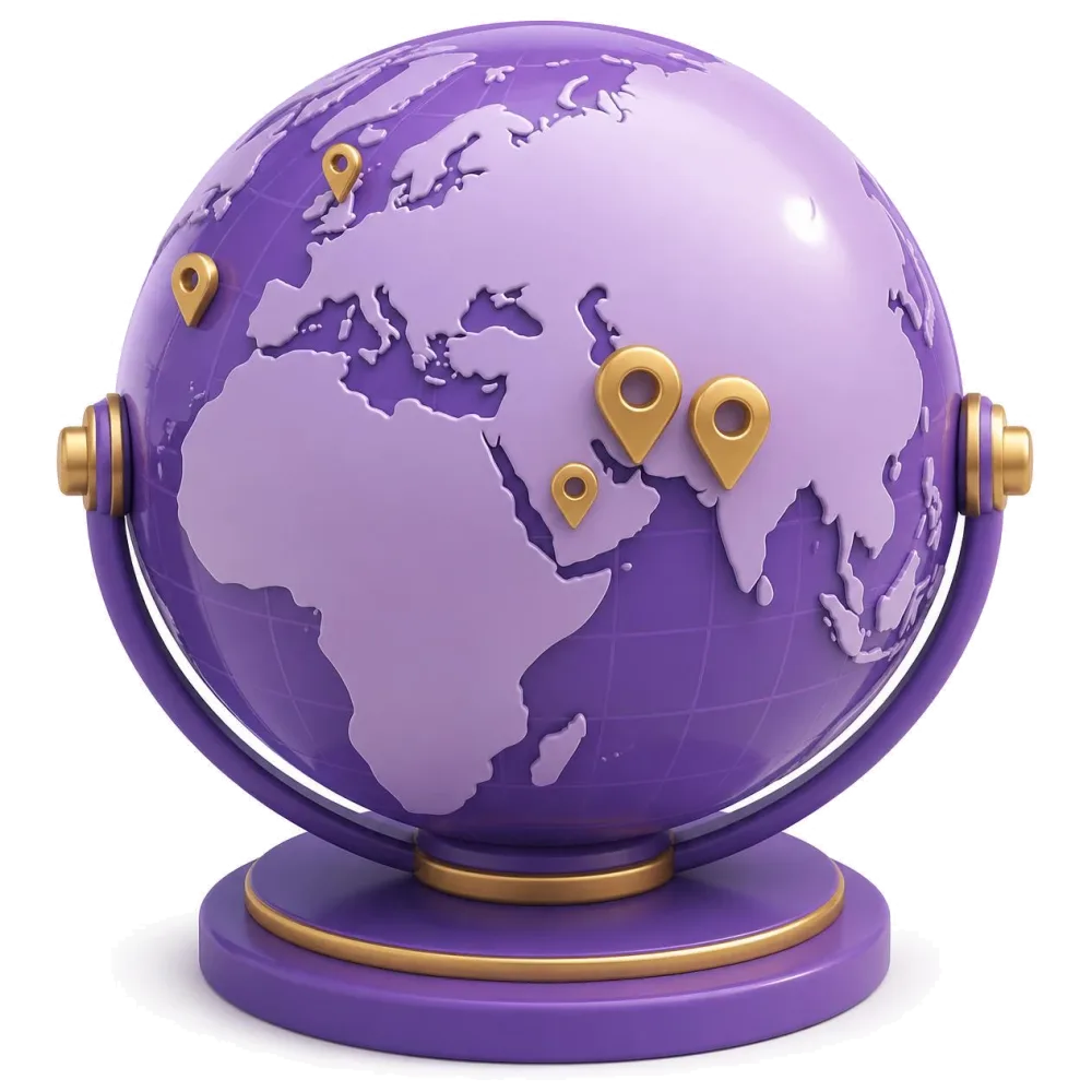 Purple globe with pins on Pakistan, India, the UK, the US and the Gulf