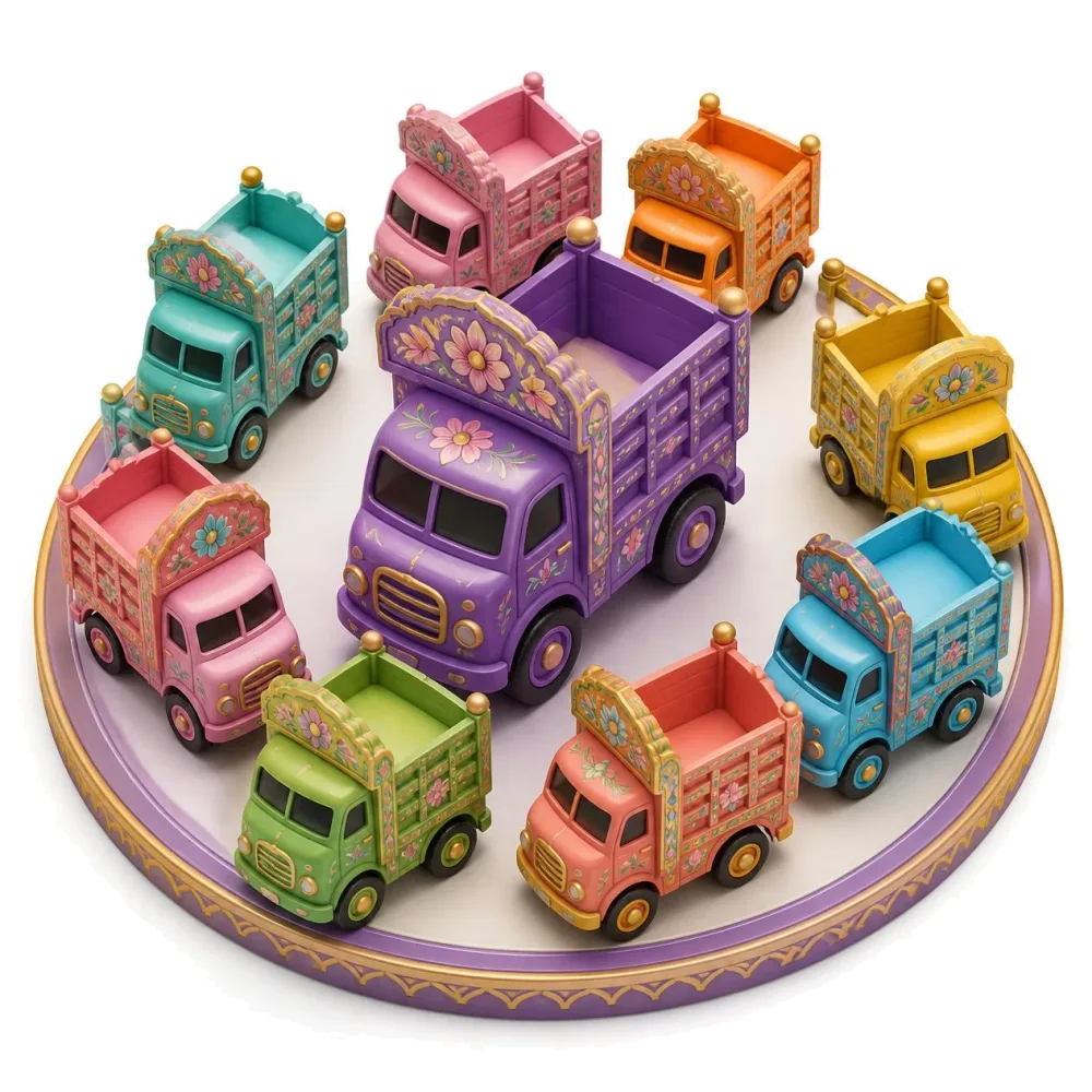 Toy trucks in Pakistani truck art around a purple truck, the Urdu pairs