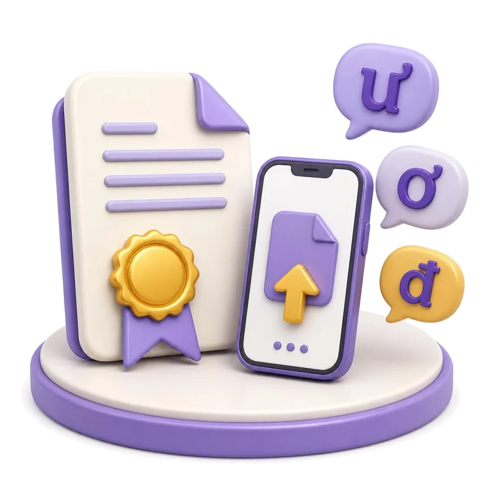 Certified Vietnamese document with a gold seal, a phone and the letters ư, ơ, đ
