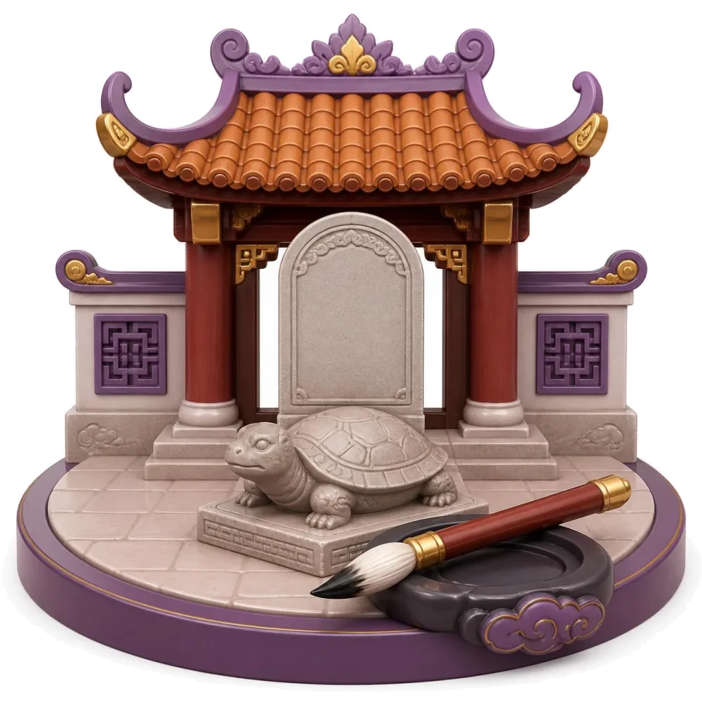 Temple gate with a curved tiled roof, a stone turtle with a stele, a brush and an inkstone