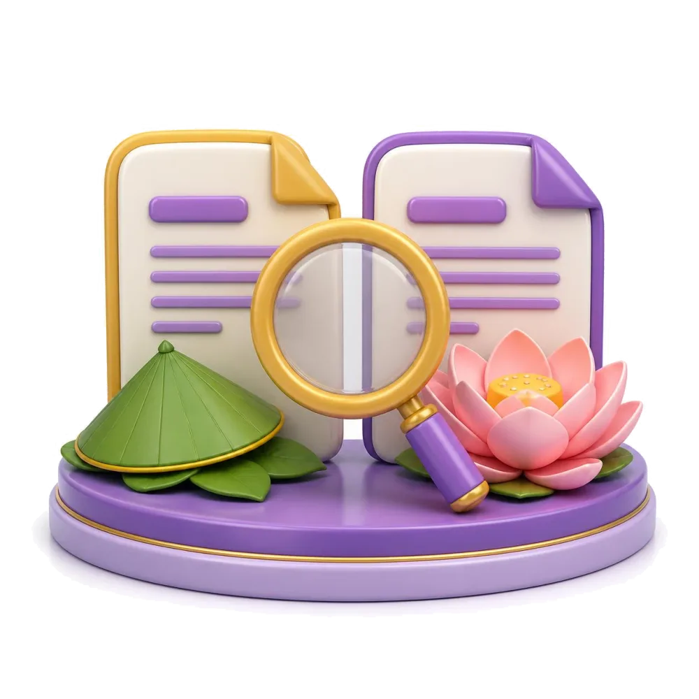Two documents compared with a magnifying glass, a conical leaf hat and a lotus flower