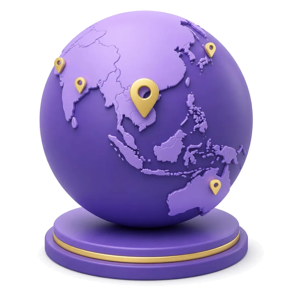 Purple globe with pins on Vietnam, California, Texas, France and Australia, where Vietnamese is spoken