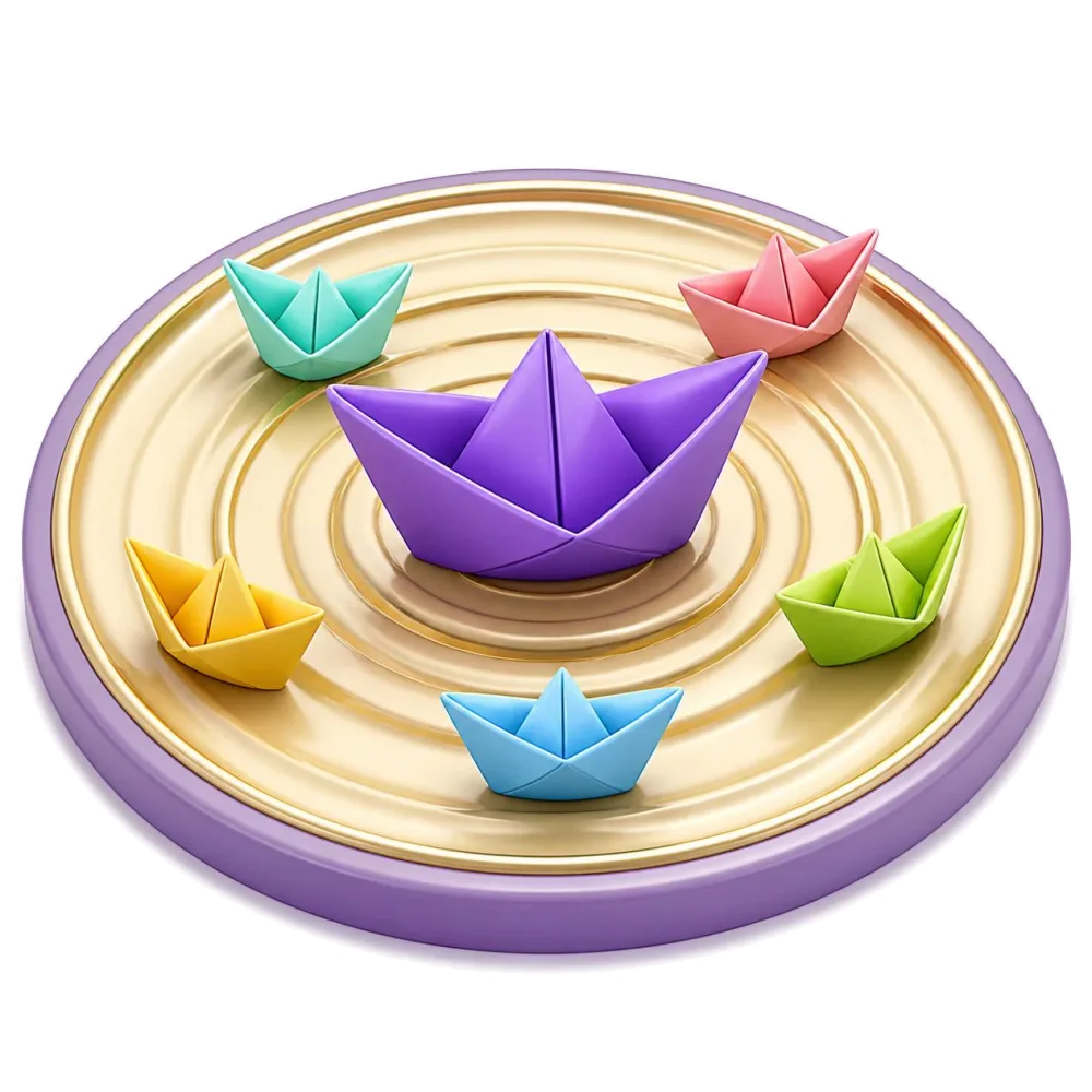 Purple paper boat on golden ripples with five colored paper boats, the language pairs with Vietnamese