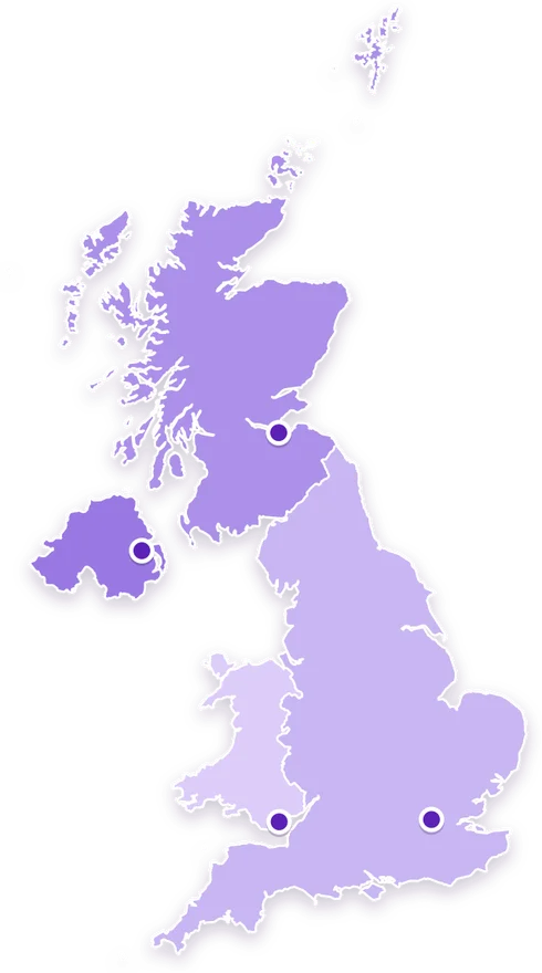 Map of the United Kingdom with England, Scotland, Wales and Northern Ireland and their capitals