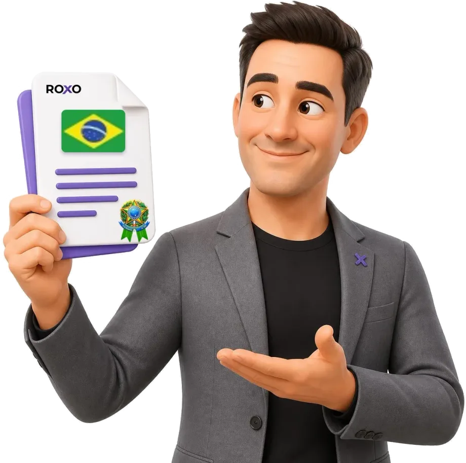 Personagem da Roxo segurando uma tradução juramentada com a bandeira do Brasil