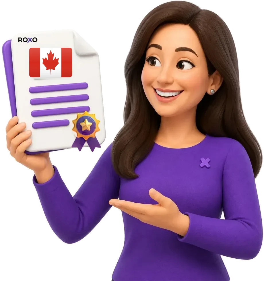 Traductora de Roxo sosteniendo una traducción certificada con la bandera de Canadá y el sello de certificación