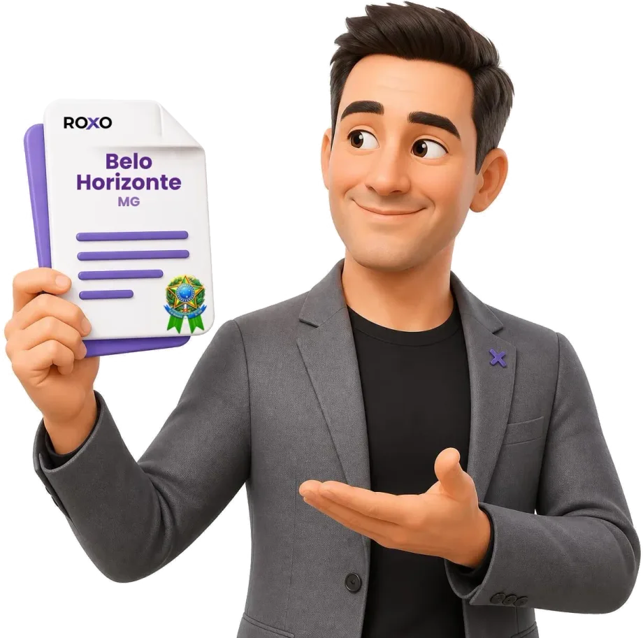 Belo Horizonte: personagem da Roxo segurando uma tradução juramentada com o nome da cidade