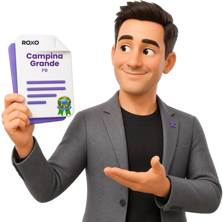 Campina Grande: personagem da Roxo segurando uma tradução juramentada com o nome da cidade