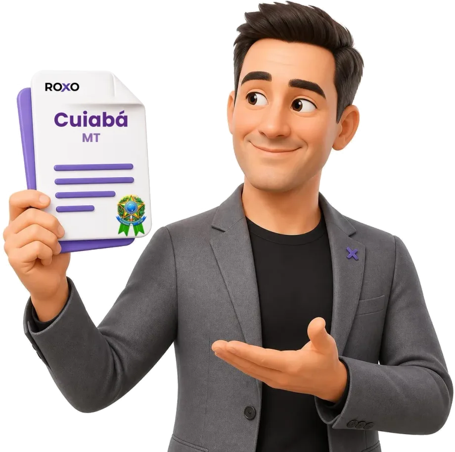 Cuiabá: personagem da Roxo segurando uma tradução juramentada com o nome da cidade