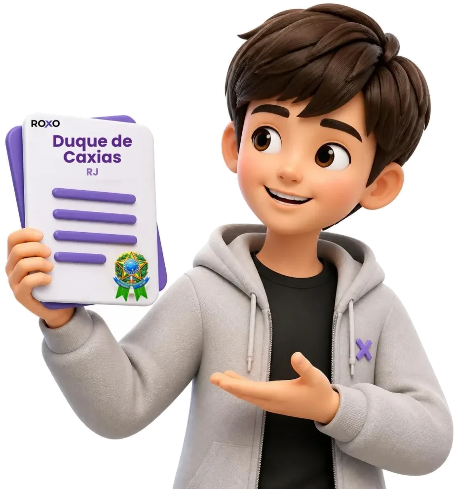 Duque de Caxias: personagem da Roxo segurando uma tradução juramentada com o nome da cidade