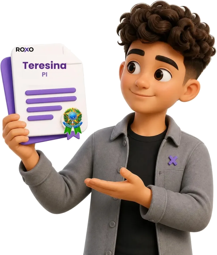 Teresina: personagem da Roxo segurando uma tradução juramentada com o nome da cidade