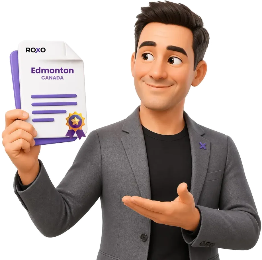 Traductor de Roxo sosteniendo una traducción certificada con Edmonton, Canadá, escrito en la hoja