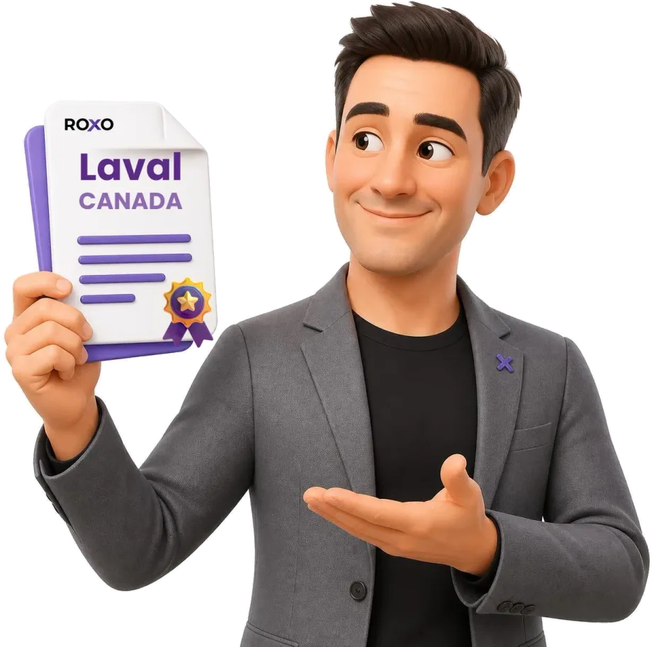 Traductora de Roxo sosteniendo una traducción certificada para Laval, en Canadá, con el sello de certificación