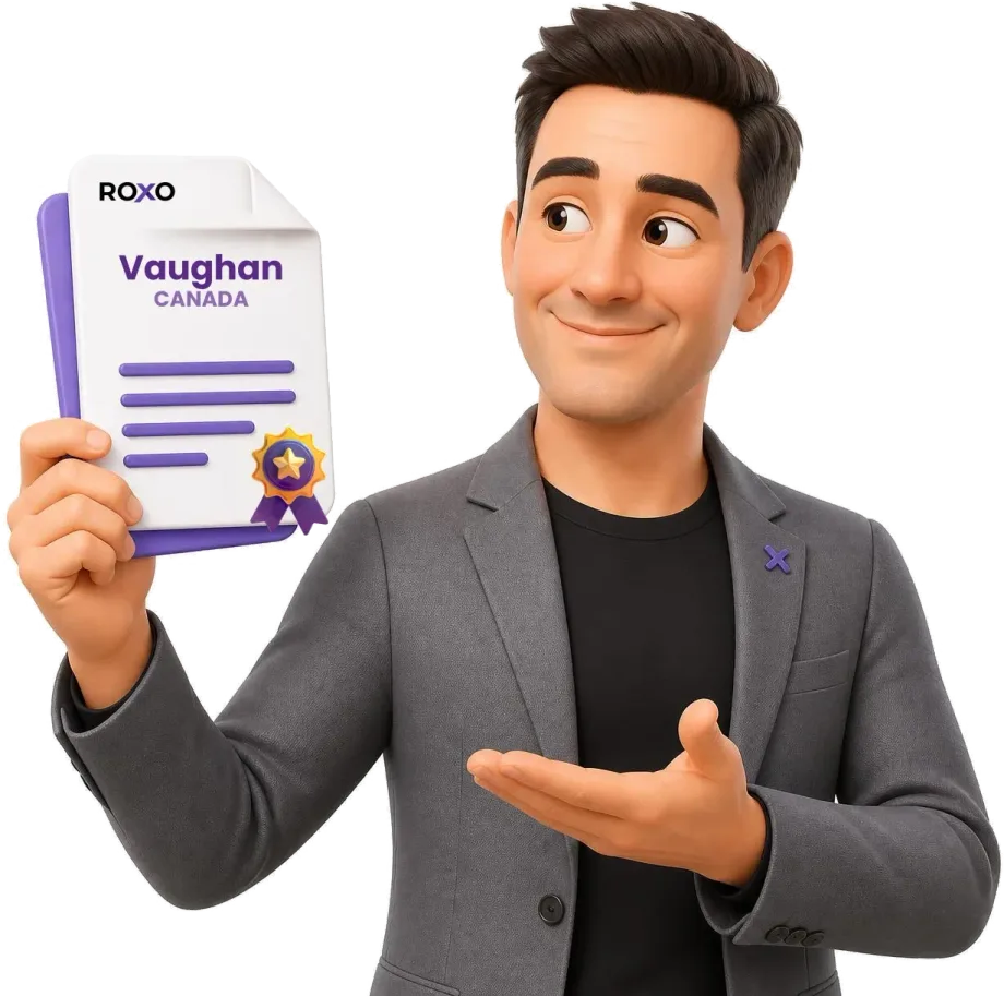 Traductor de Roxo sosteniendo una traducción certificada con Vaughan, Canadá, escrito en la hoja