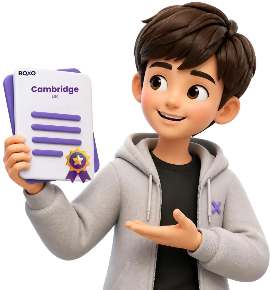 Roxo character holding a certified translation for Cambridge with a certification seal