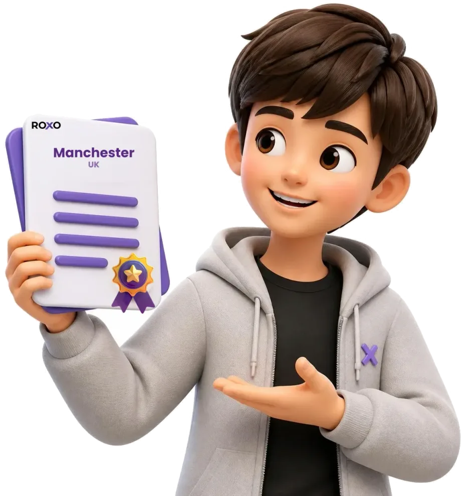 Roxo character holding a certified translation for Manchester with a certification seal