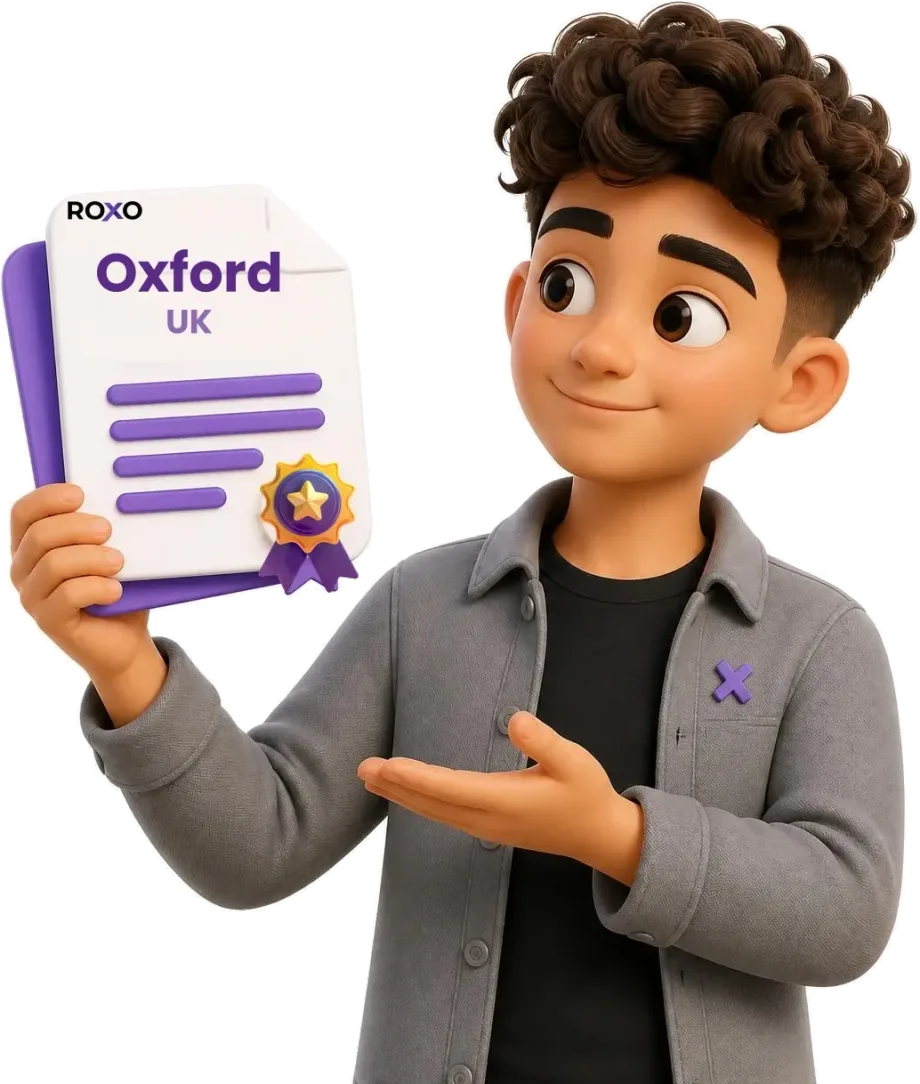 Roxo character holding a certified translation for Oxford with a certification seal