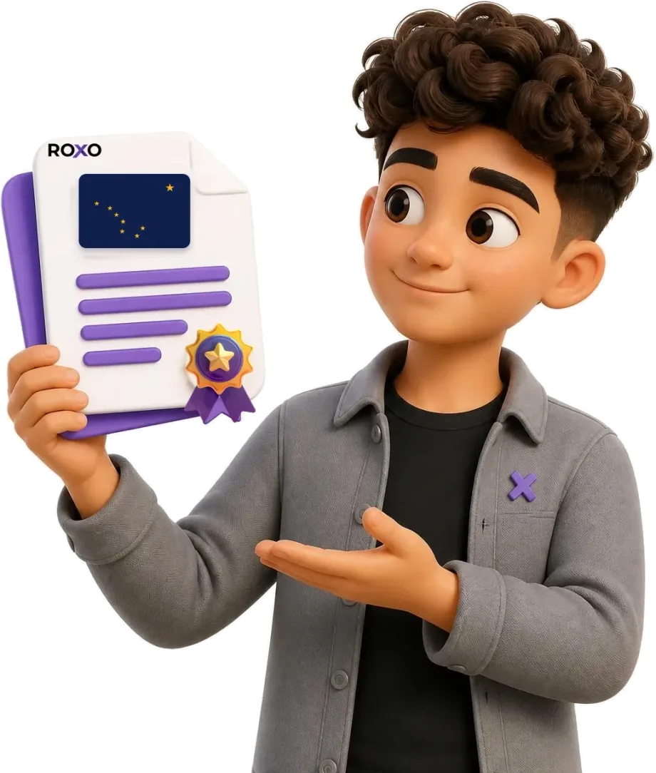 Alaska: personaje de Roxo sosteniendo una traducción certificada con la bandera del estado