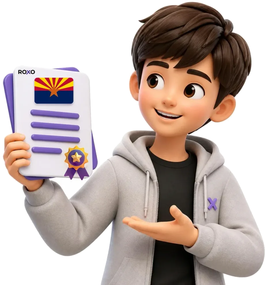 Arizona: personaje de Roxo sosteniendo una traducción certificada con la bandera del estado