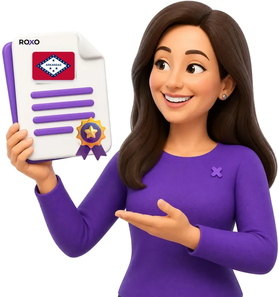 Arkansas: personagem da Roxo segurando uma tradução certificada com a bandeira do estado