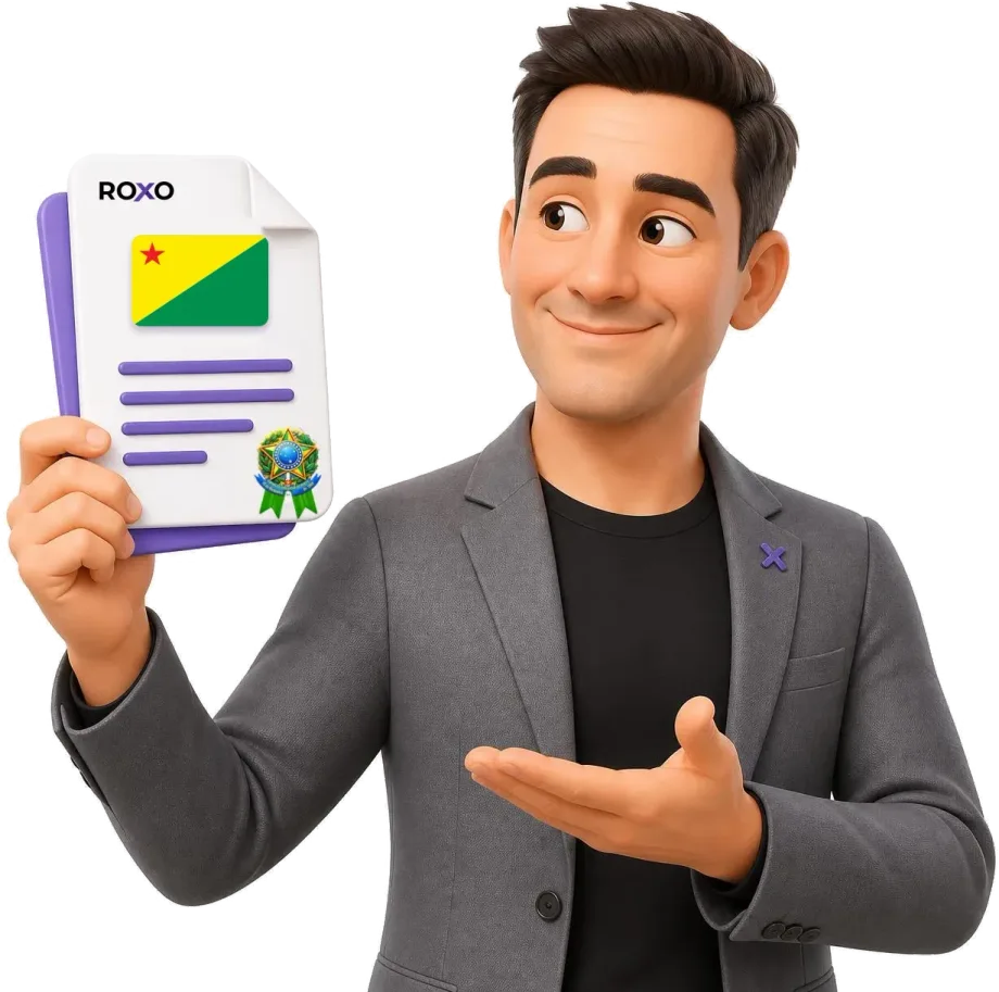 Acre: personagem da Roxo segurando uma tradução juramentada com a bandeira do estado