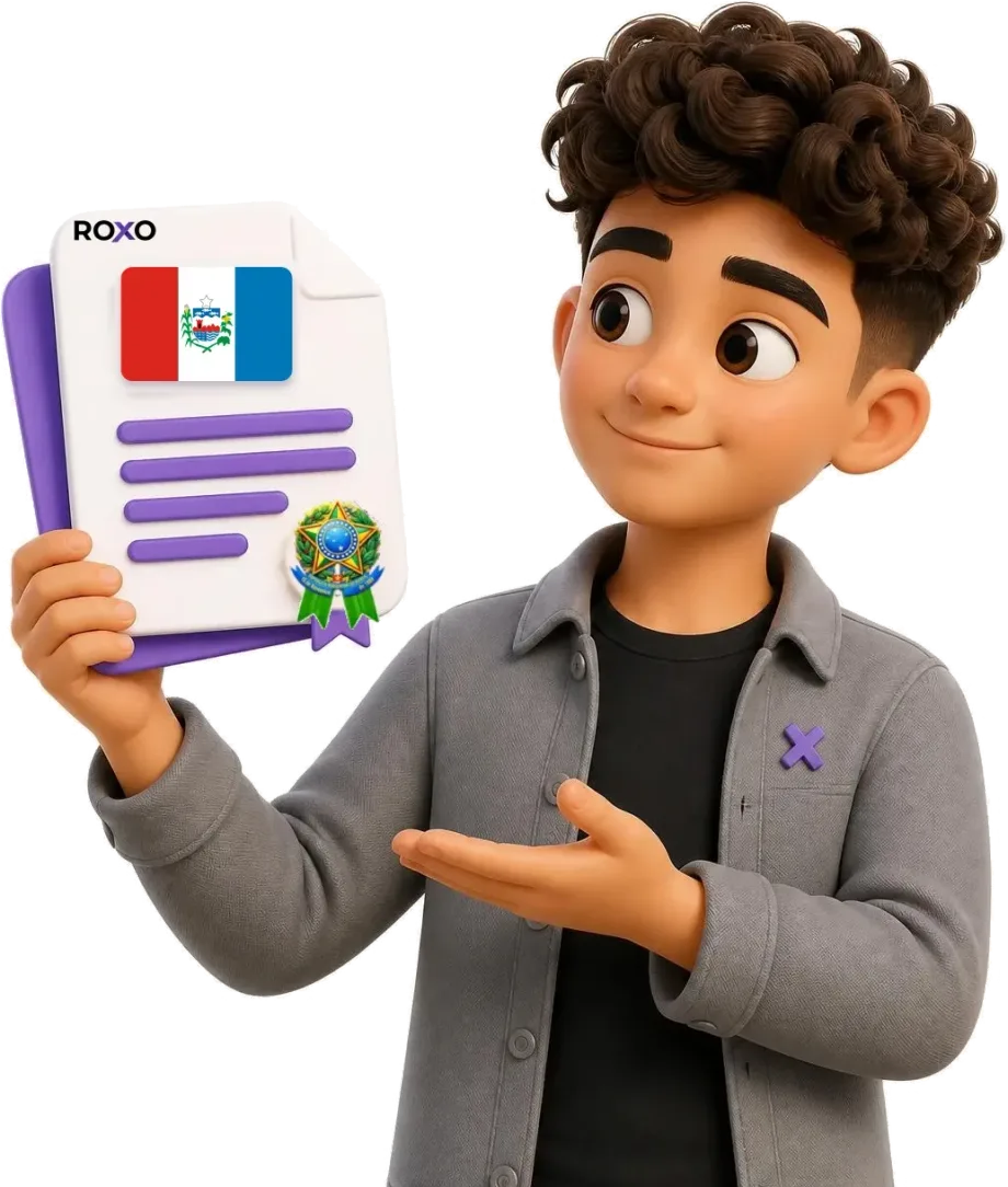 Alagoas: personagem da Roxo segurando uma tradução juramentada com a bandeira do estado