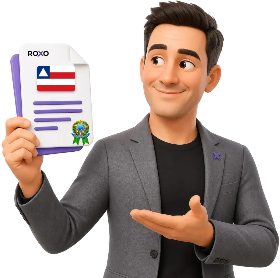 Bahia: personagem da Roxo segurando uma tradução juramentada com a bandeira do estado