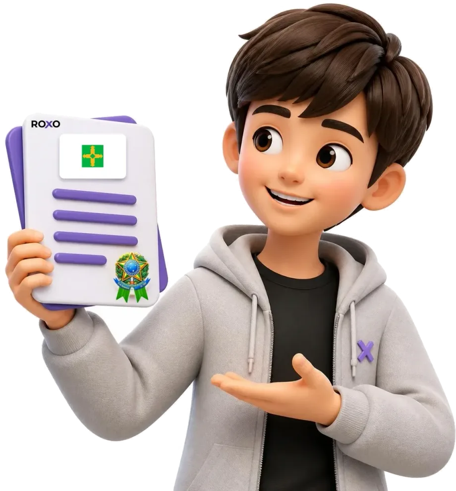 Distrito Federal: personagem da Roxo segurando uma tradução juramentada com a bandeira do estado