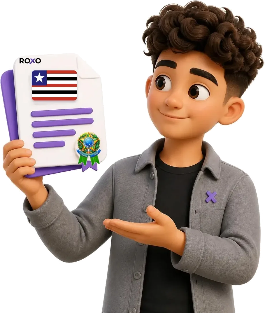 Maranhão: personagem da Roxo segurando uma tradução juramentada com a bandeira do estado