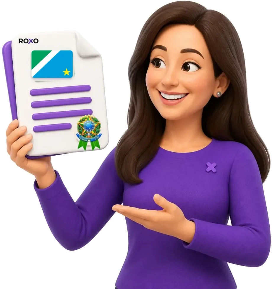 Mato Grosso do Sul: personagem da Roxo segurando uma tradução juramentada com a bandeira do estado