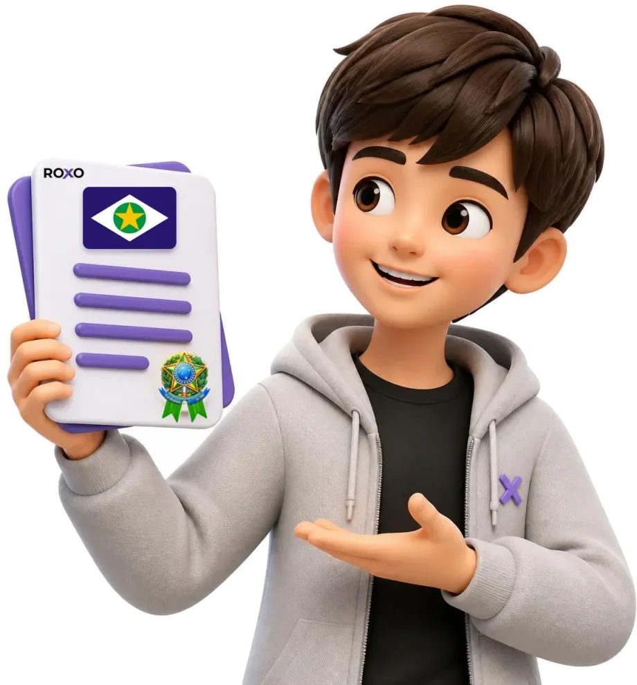 Mato Grosso: personagem da Roxo segurando uma tradução juramentada com a bandeira do estado