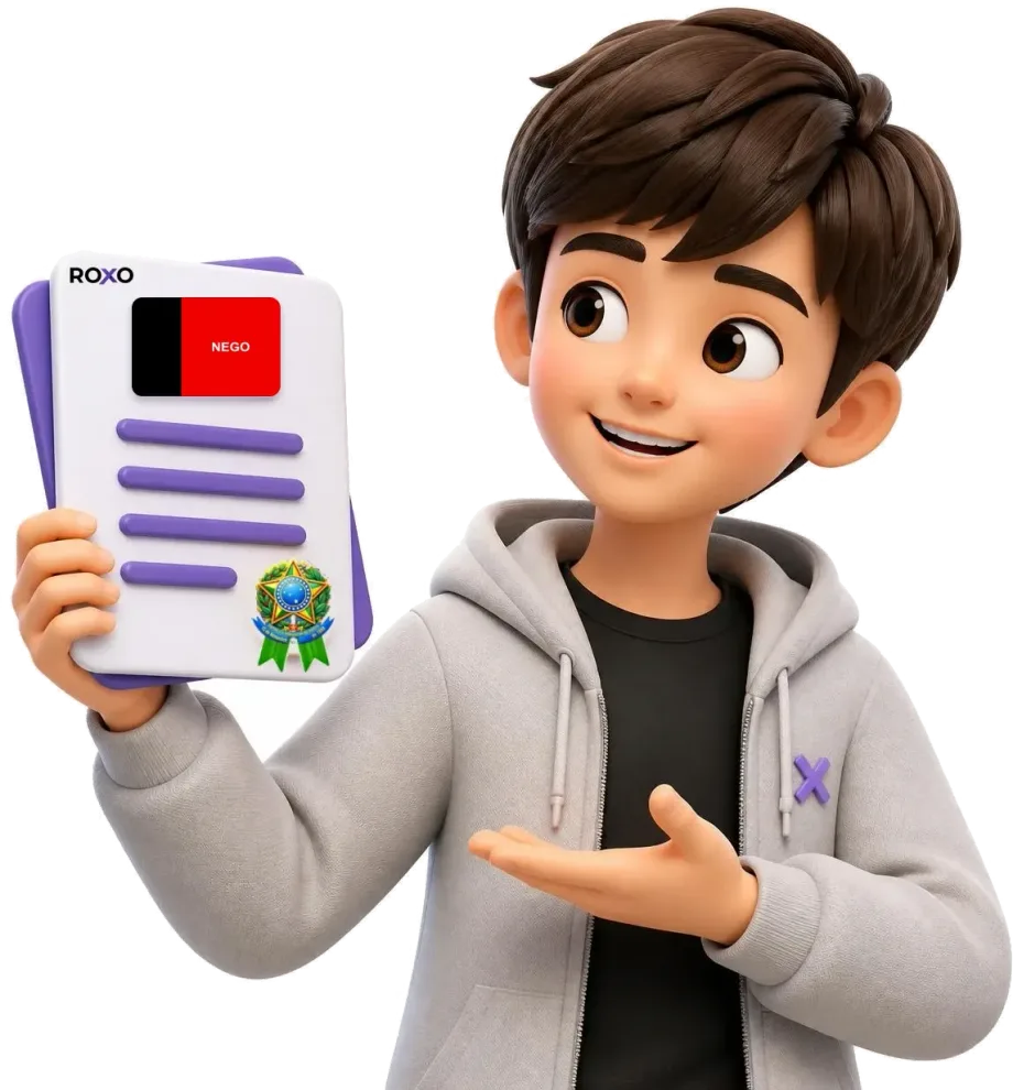 Paraíba: personagem da Roxo segurando uma tradução juramentada com a bandeira do estado