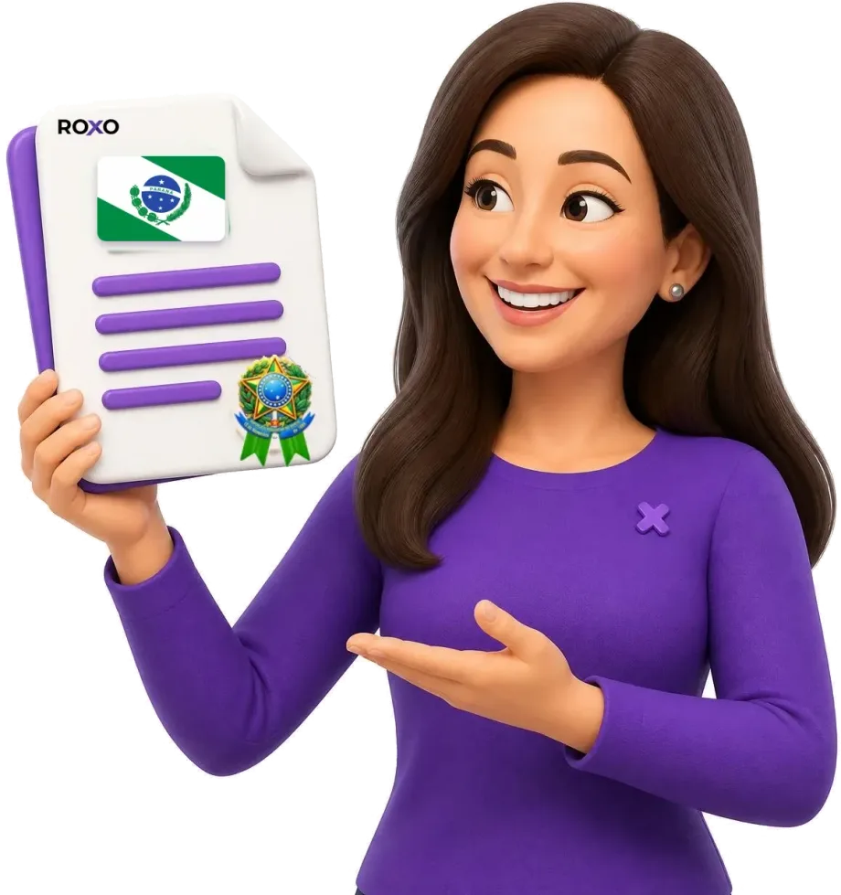 Paraná: personagem da Roxo segurando uma tradução juramentada com a bandeira do estado