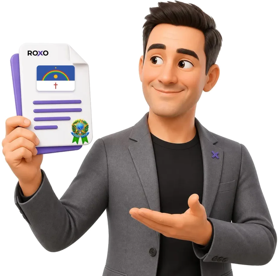 Pernambuco: personagem da Roxo segurando uma tradução juramentada com a bandeira do estado