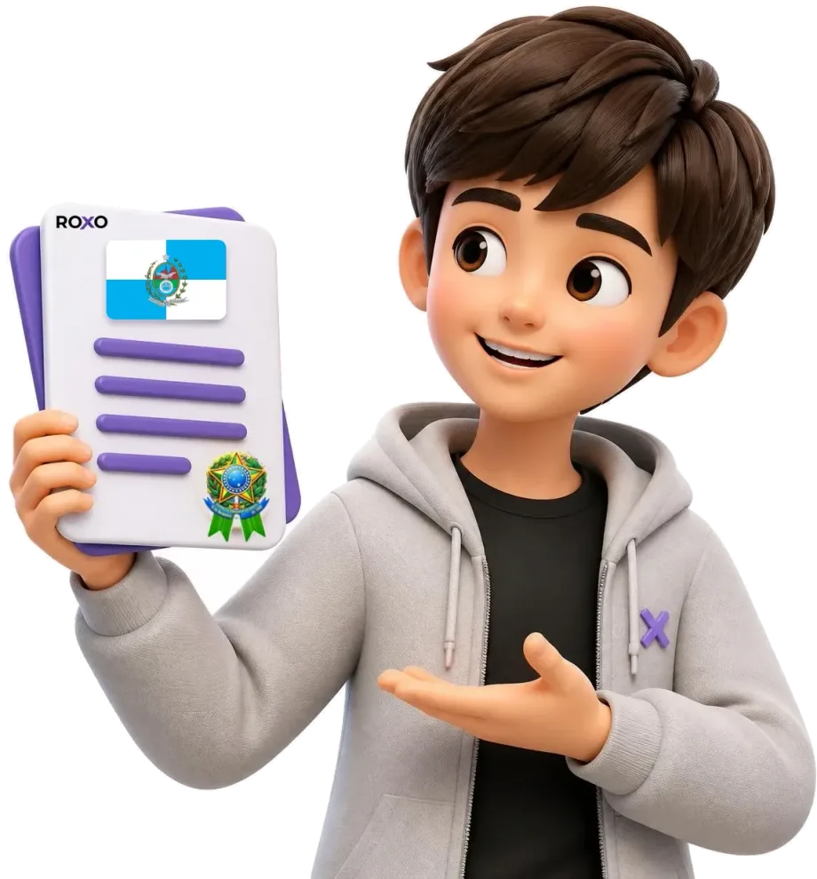 Rio de Janeiro: personagem da Roxo segurando uma tradução juramentada com a bandeira do estado
