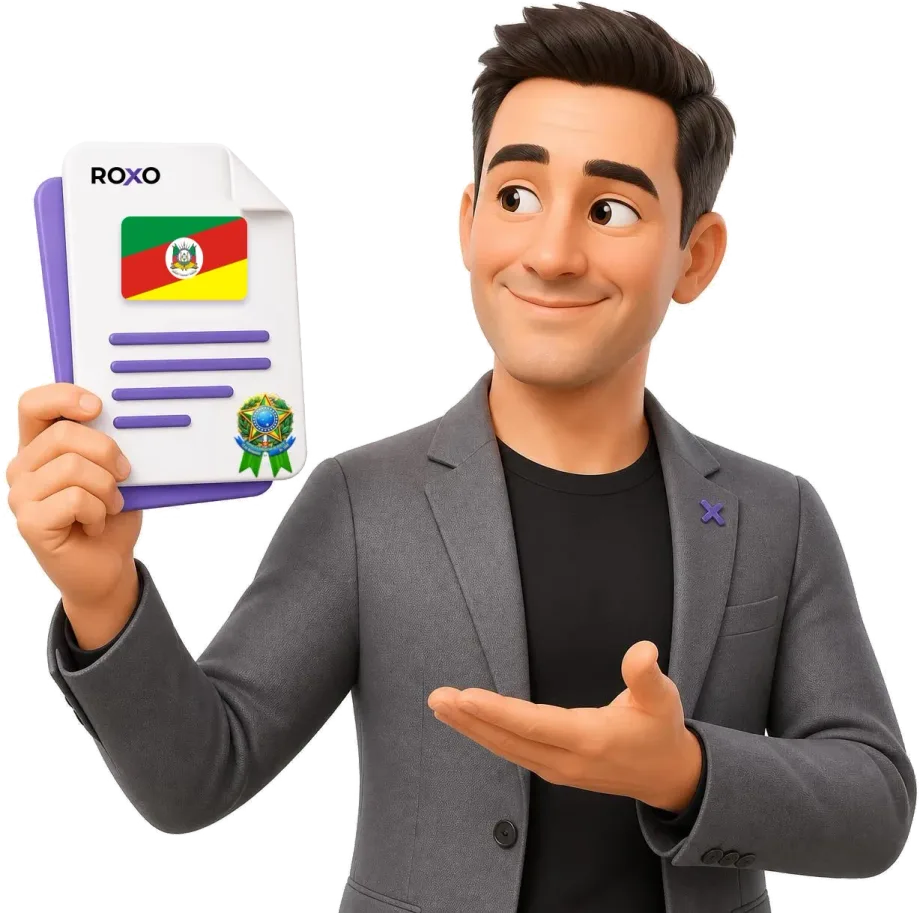 Rio Grande do Sul: personagem da Roxo segurando uma tradução juramentada com a bandeira do estado