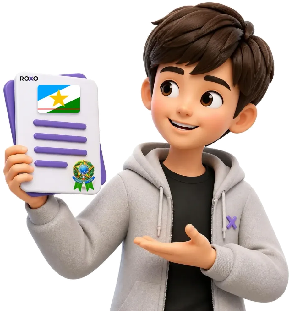Roraima: personagem da Roxo segurando uma tradução juramentada com a bandeira do estado