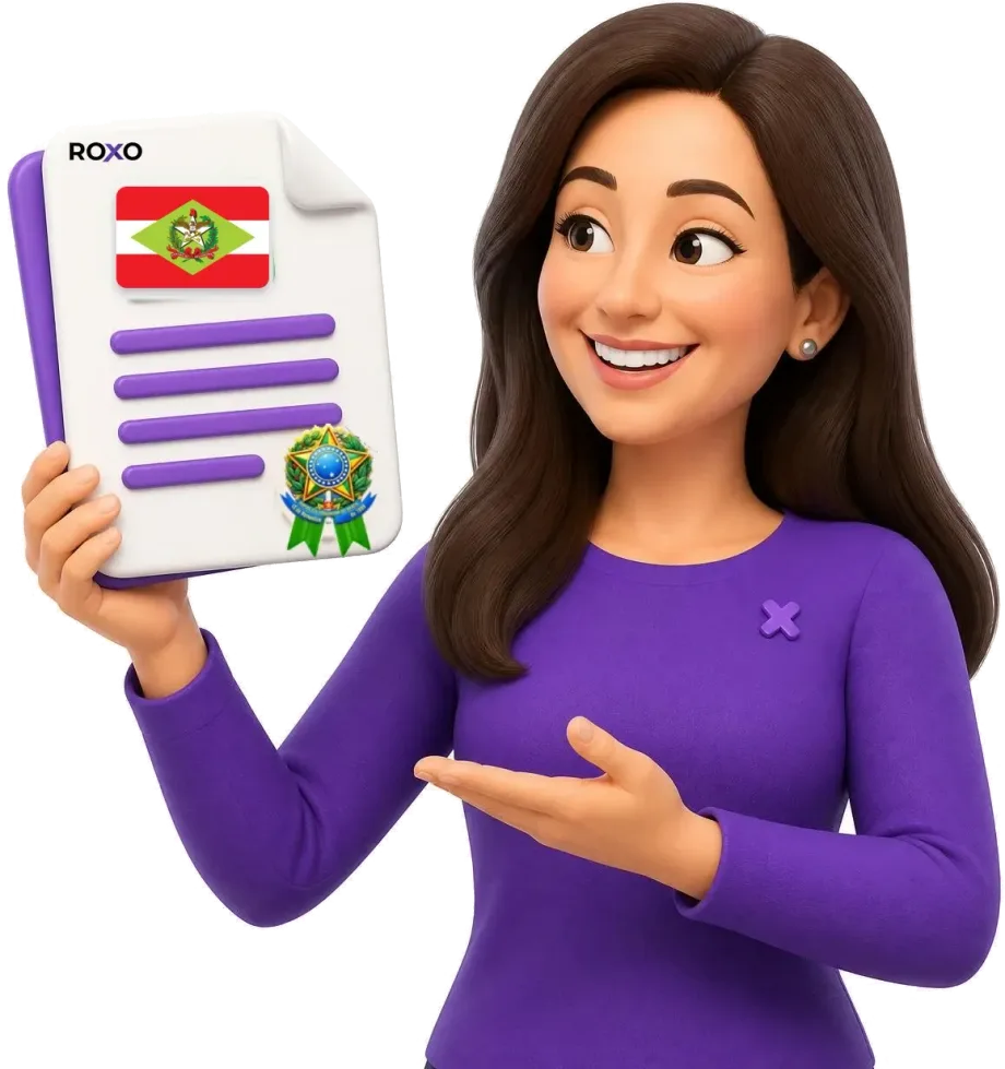 Santa Catarina: personagem da Roxo segurando uma tradução juramentada com a bandeira do estado
