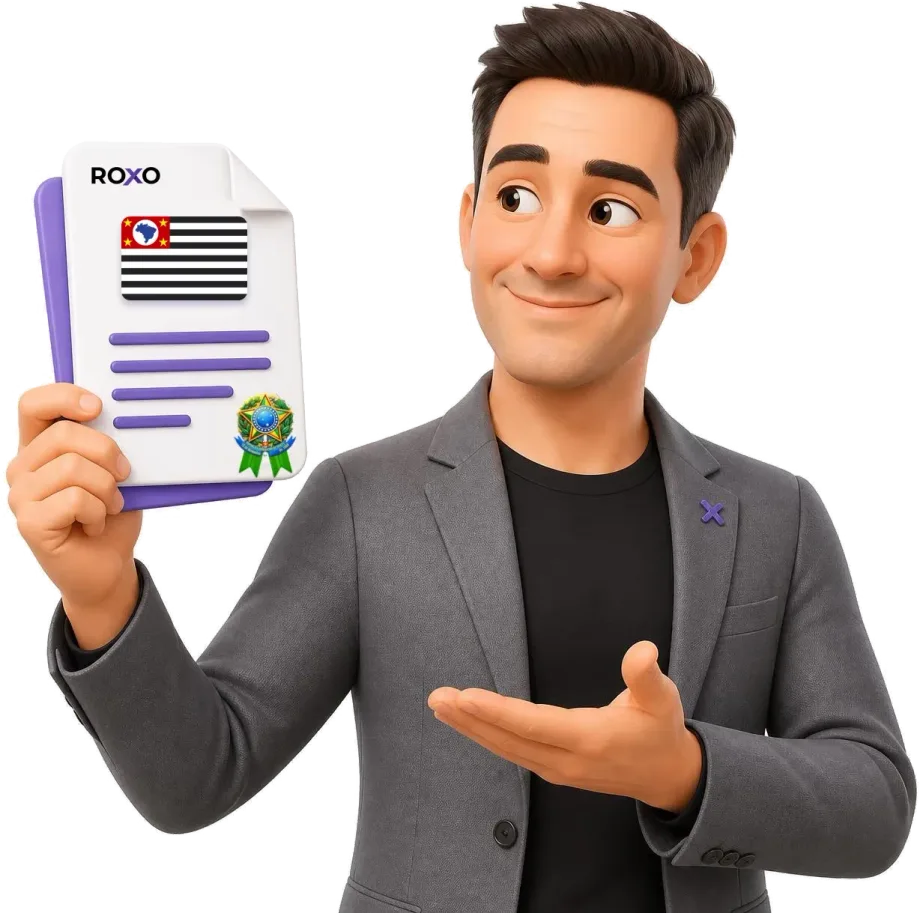São Paulo: personagem da Roxo segurando uma tradução juramentada com a bandeira do estado