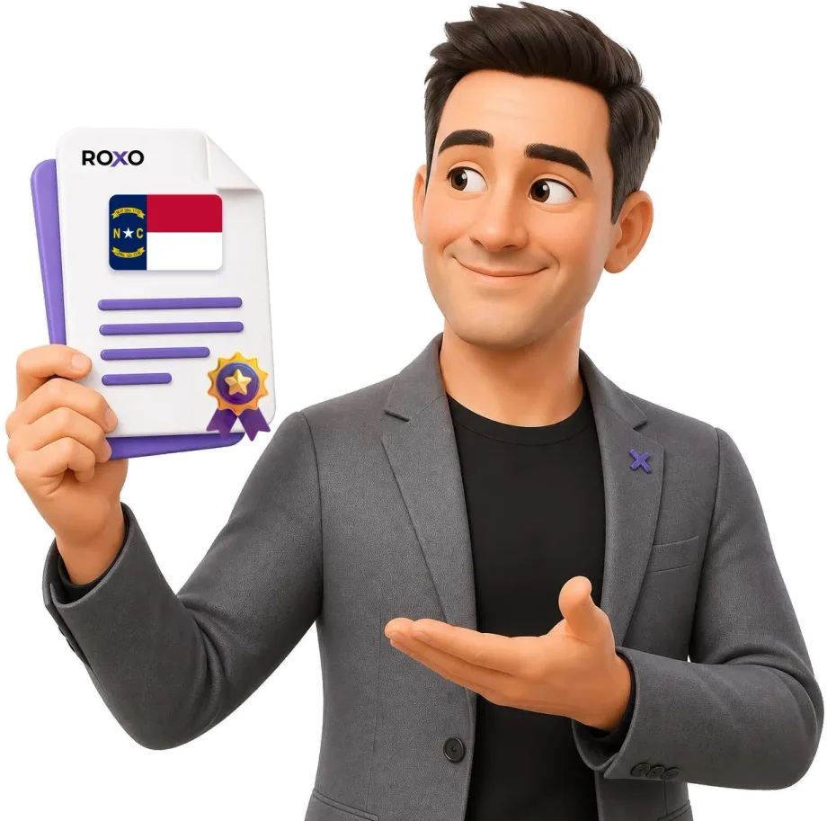 North Carolina: Roxo character holding a certified translation with the state flag