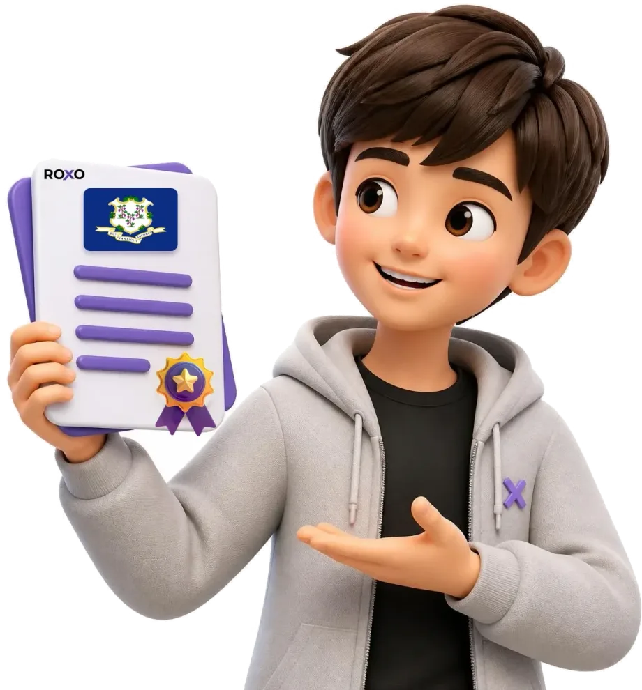 Connecticut: personaje de Roxo sosteniendo una traducción certificada con la bandera del estado
